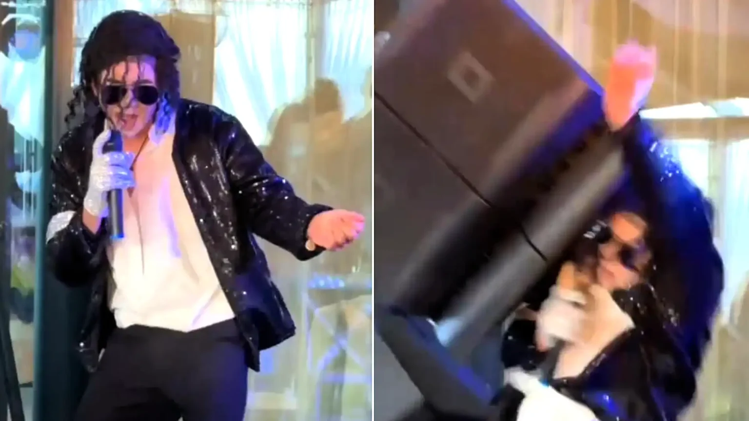 A Michael Jackson tribute act was nearly crushed by a falling speaker mid-Billie Jean at a wedding - with the moment caught in a window reflection.