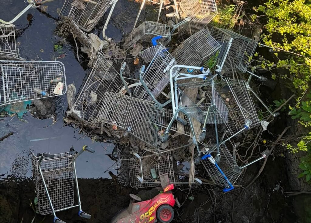A furious plumber fed up with a filthy river has hauled 140 abandoned supermarket trolleys from the water - along with wheelie bins, tyres and even a PlayStation.