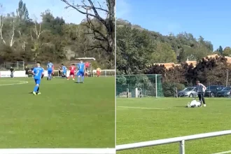A bungling groundsman in Germany was filmed repainting the penalty box lines mid-match - only realising both teams had kicked off when play came hurtling towards him.