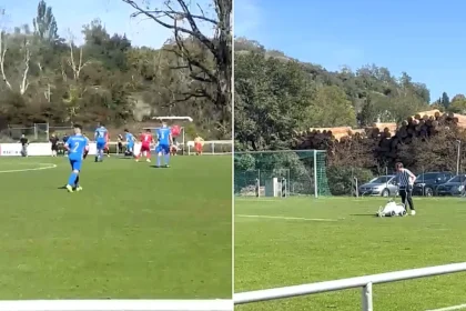 A bungling groundsman in Germany was filmed repainting the penalty box lines mid-match - only realising both teams had kicked off when play came hurtling towards him.