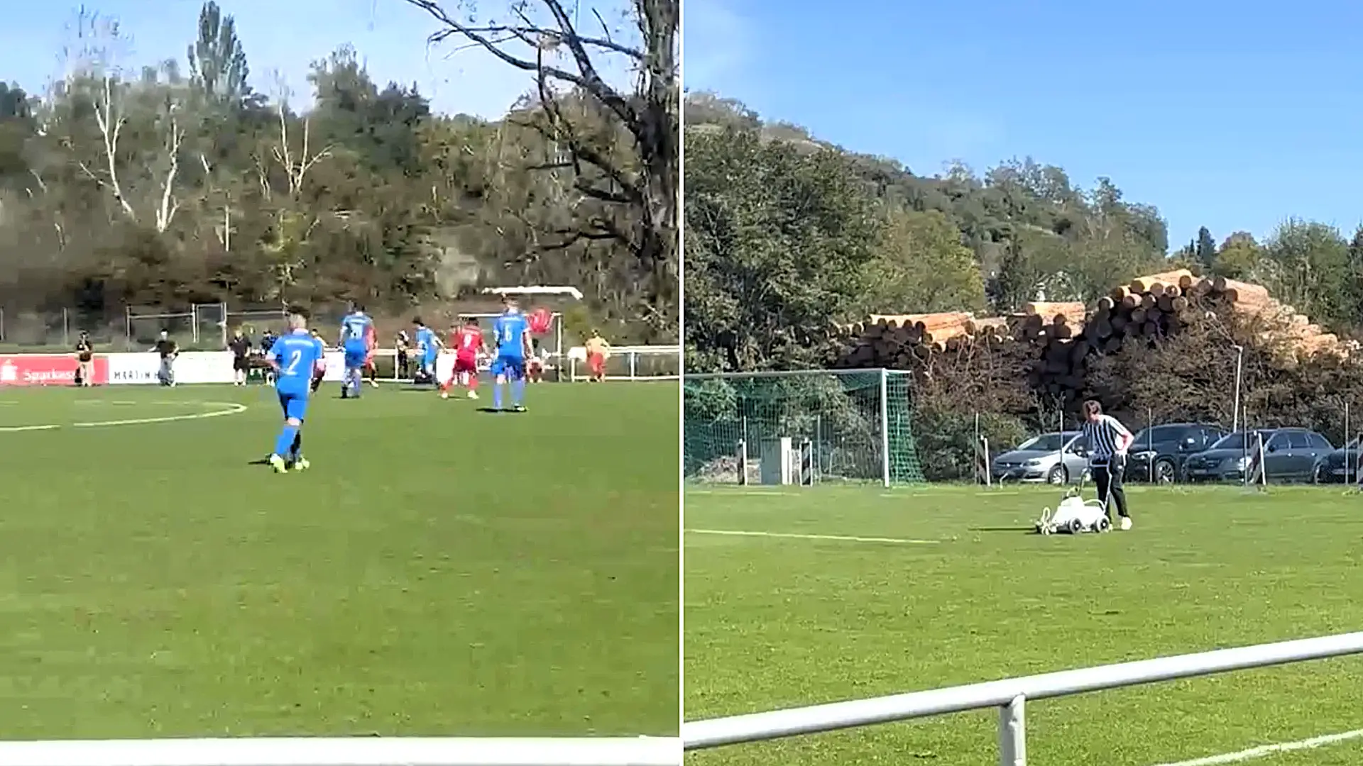 A bungling groundsman in Germany was filmed repainting the penalty box lines mid-match - only realising both teams had kicked off when play came hurtling towards him.