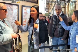 A devoted husband queued for 12 hours so his wife could snap up a discounted Chanel bag at a Knightsbridge flash sale - as over 2,000 shoppers caused chaos outside.
