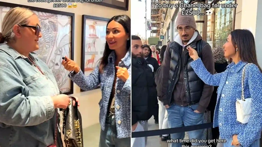 A devoted husband queued for 12 hours so his wife could snap up a discounted Chanel bag at a Knightsbridge flash sale - as over 2,000 shoppers caused chaos outside.