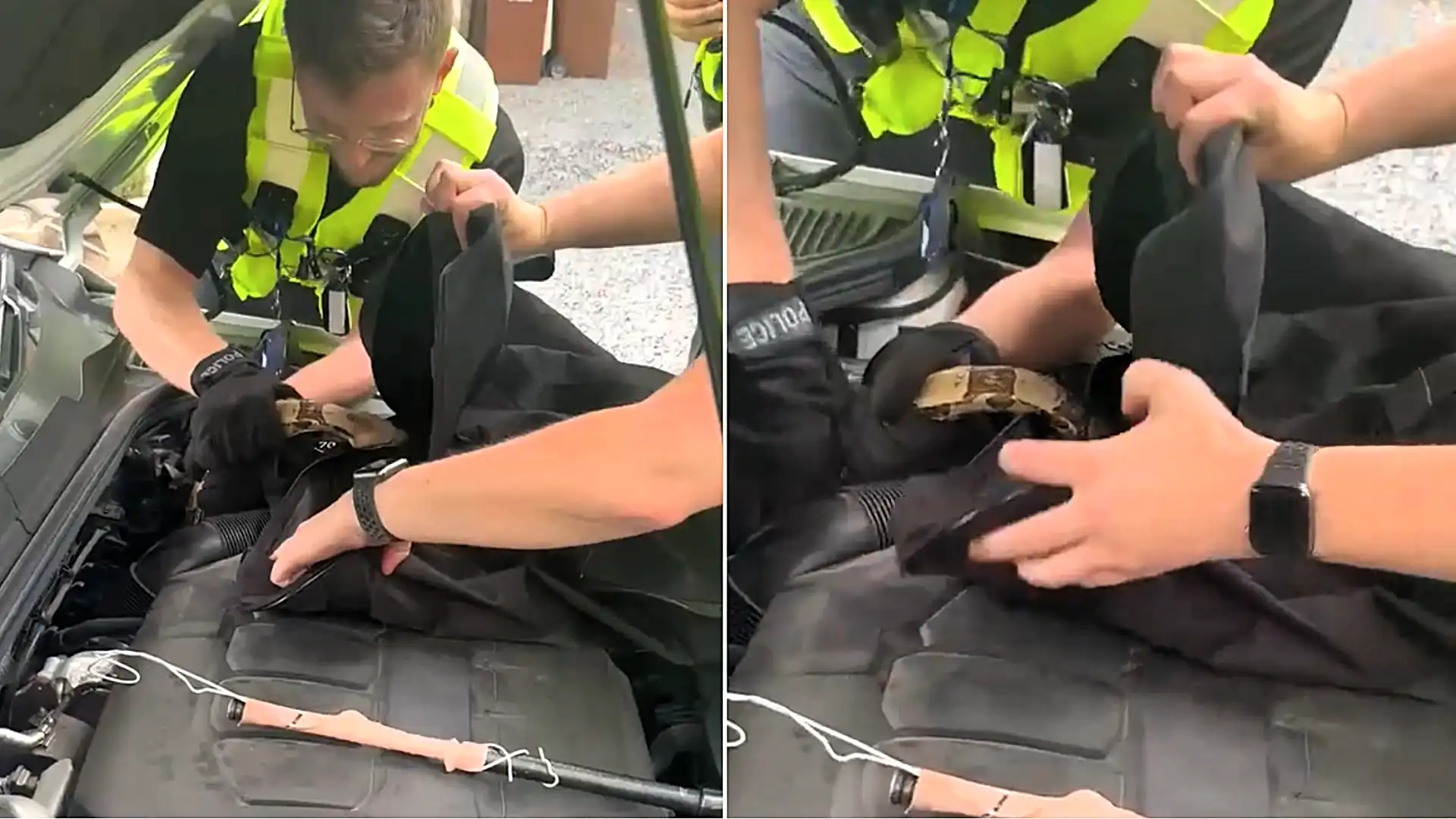 Two cops turned snake wranglers to rescue a 4ft boa constrictor coiled up inside a car engine - using a coat hanger taped to a police baton.