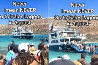A "magical" Greek lagoon has been branded "destroyed" after footage showed thousands of tourists crammed onto its shoreline
