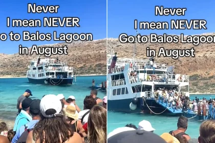 A "magical" Greek lagoon has been branded "destroyed" after footage showed thousands of tourists crammed onto its shoreline
