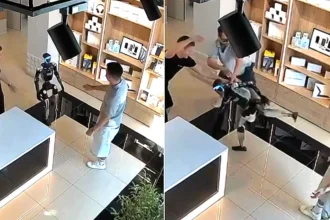 CCTV captured humanoid robot Syoma swinging its legs at a customer who shoved it in a Russian tech store - staff wrestled the machine back under control.