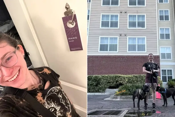 A woman who lives full-time in hotels with her husband and two dogs has revealed the perks - from free breakfast and pools to weekly housekeeping.