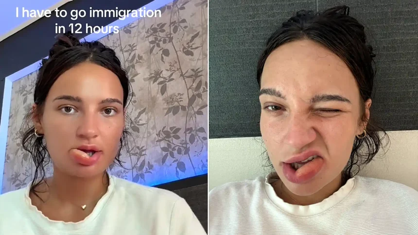 A woman woke to find her lip had ballooned after she chewed it in her sleep, leaving her looking "like she'd been stung by a bee" - just hours before a visa run.