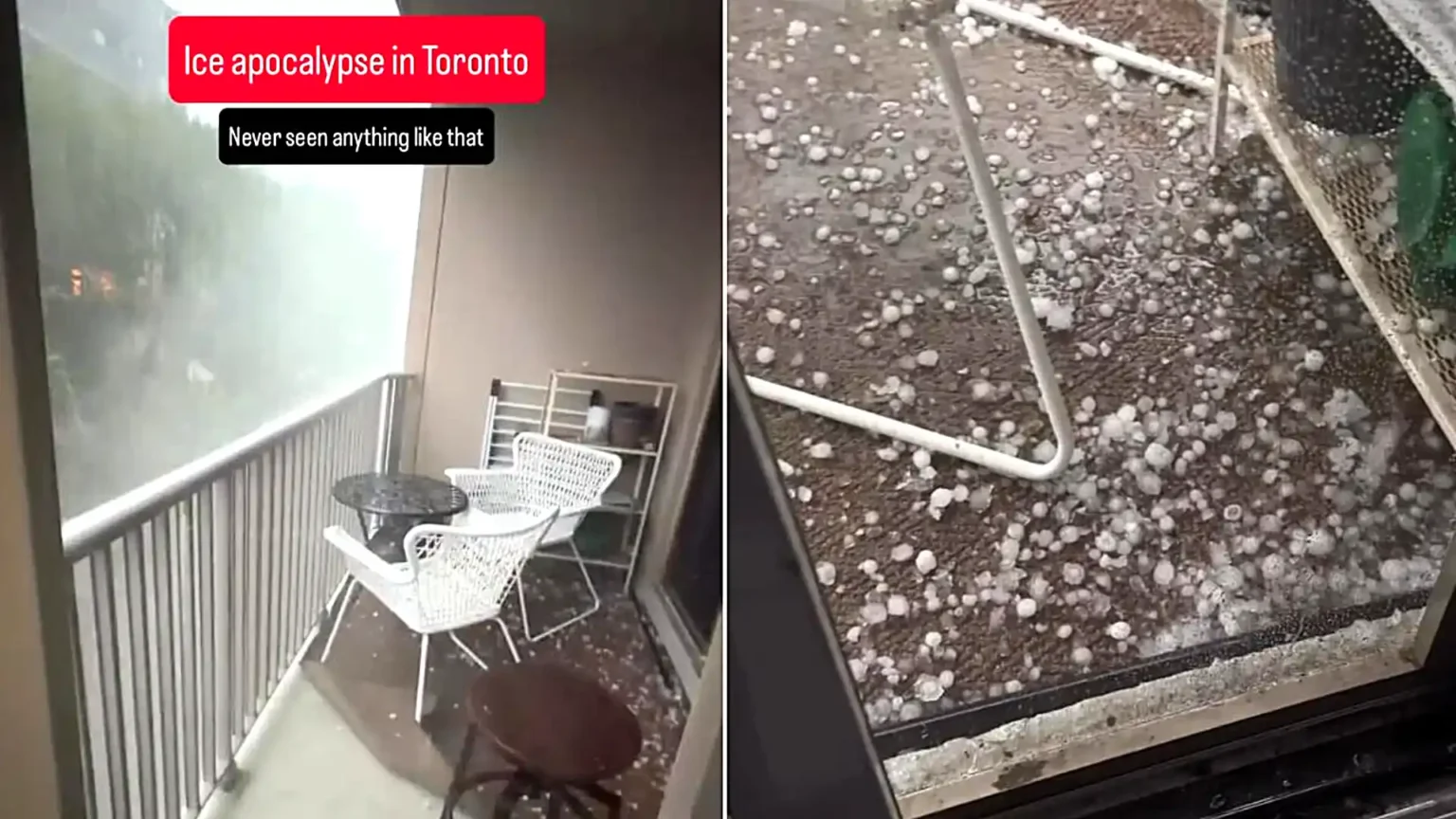 A terrified resident filmed the "apocalypse" as huge chunks of ice smashed into his balcony - with the same storm ripping apart an AC/DC gig venue.