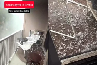 A terrified resident filmed the "apocalypse" as huge chunks of ice smashed into his balcony - with the same storm ripping apart an AC/DC gig venue.