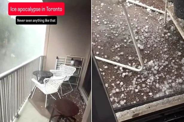 A terrified resident filmed the "apocalypse" as huge chunks of ice smashed into his balcony - with the same storm ripping apart an AC/DC gig venue.