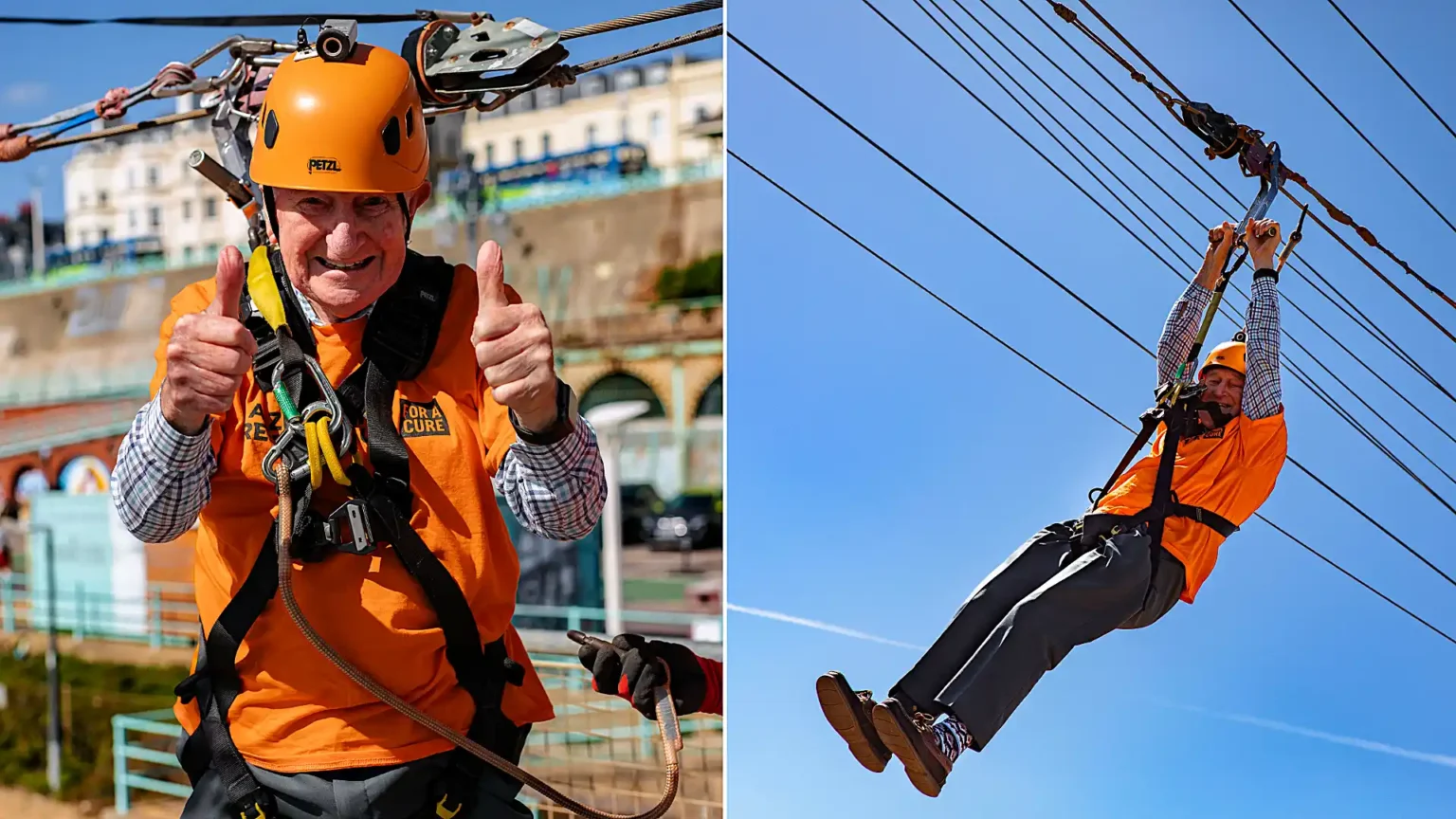 A 93-year-old has raised more than £35,000 by ziplining 300 metres across the seafront - all in honour of his wife of 68 years, who has Alzheimer's.