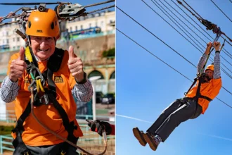 A 93-year-old has raised more than £35,000 by ziplining 300 metres across the seafront - all in honour of his wife of 68 years, who has Alzheimer's.
