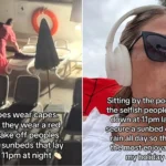 A holidaymaker has hailed a mystery woman who stalked the pool at 11pm ripping towels off sunbeds hogged by "selfish" guests - then watched it rain on them all day.