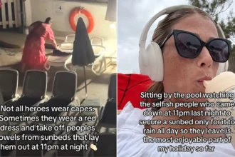 A holidaymaker has hailed a mystery woman who stalked the pool at 11pm ripping towels off sunbeds hogged by "selfish" guests - then watched it rain on them all day.