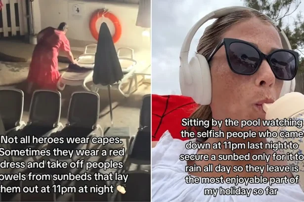 A holidaymaker has hailed a mystery woman who stalked the pool at 11pm ripping towels off sunbeds hogged by "selfish" guests - then watched it rain on them all day.