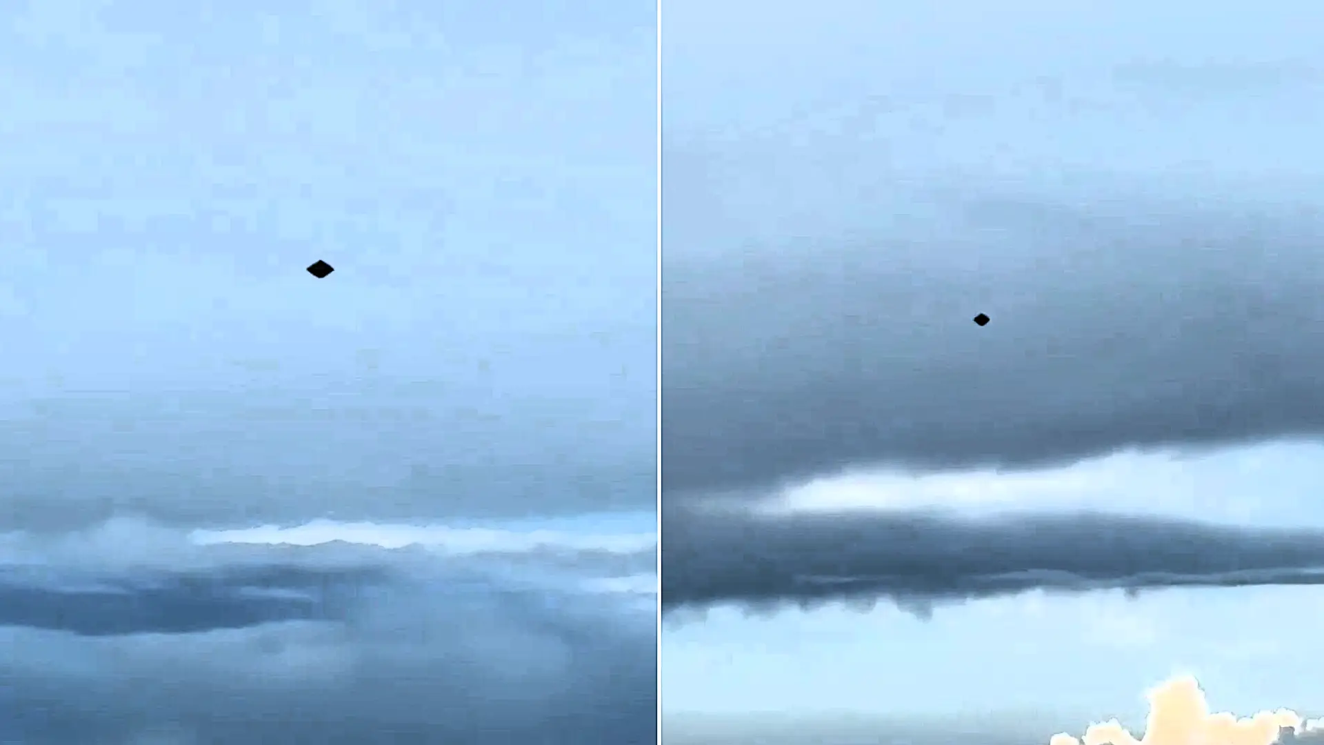 A pilot has filmed a diamond-shaped UFO darting past his cockpit mid-flight - the eerie clip has gone viral with viewers split on what it really is.