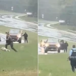 Police in Virginia were given the runaround by an escaped pig in hilarious footage showing officers chasing the speedy porker along a rain-soaked roadside in Dale City.