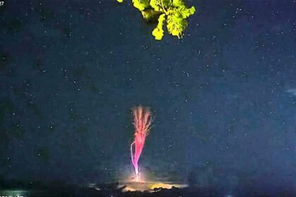 A rare red sprite has been filmed bursting above a storm off Taiwan, and officials say the under-a-second flash is the clearest their cameras have ever caught.