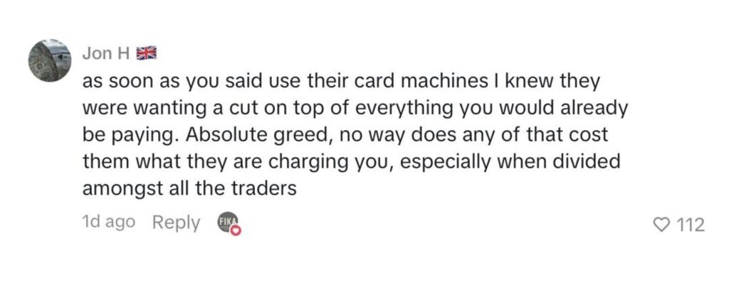 Social media comment on the post of Coffee shop owner Anthony Grice was quoted £11,840 to sell hot chocolate at Liverpool's Christmas markets - he says the cost is 'legalised theft'.