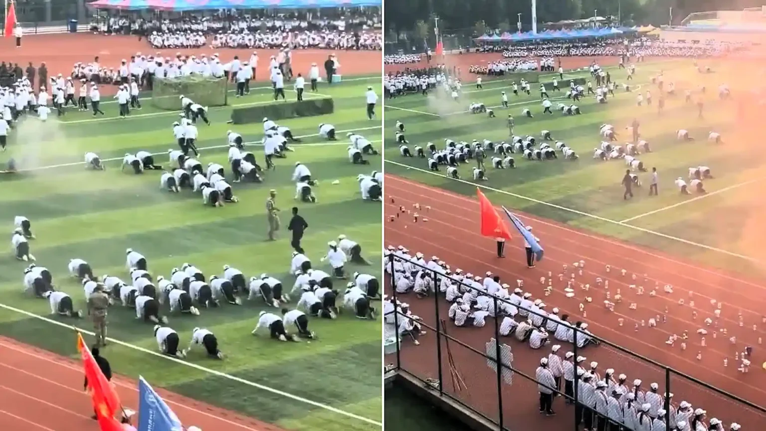 This is the bizarre moment students crawl on their knees through clouds of red smoke during a Squid Game-style military training drill at a Chinese college.