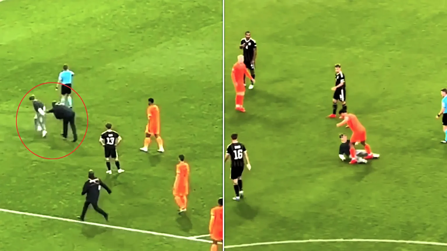 A young fan was pinned down by stewards after invading the pitch for a selfie with Netherlands star Tijjani Reijnders during their Nations League clash with Germany.