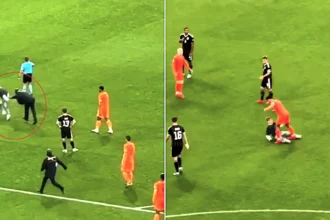 A young fan was pinned down by stewards after invading the pitch for a selfie with Netherlands star Tijjani Reijnders during their Nations League clash with Germany.
