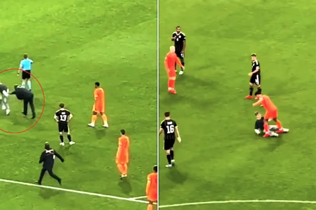 A young fan was pinned down by stewards after invading the pitch for a selfie with Netherlands star Tijjani Reijnders during their Nations League clash with Germany.