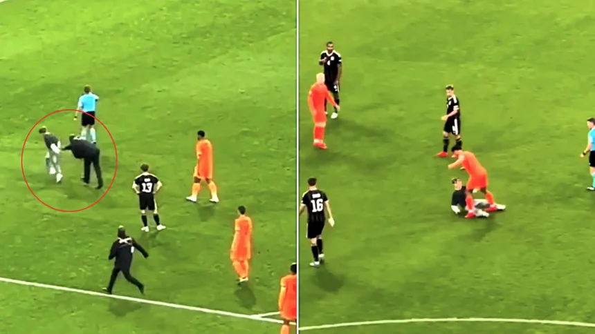 A young fan was pinned down by stewards after invading the pitch for a selfie with Netherlands star Tijjani Reijnders during their Nations League clash with Germany.