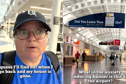 A traveller was floored by an airport banner asking if she left her oven on - her clip of the 'insane' ad has racked up over 846,000 likes.