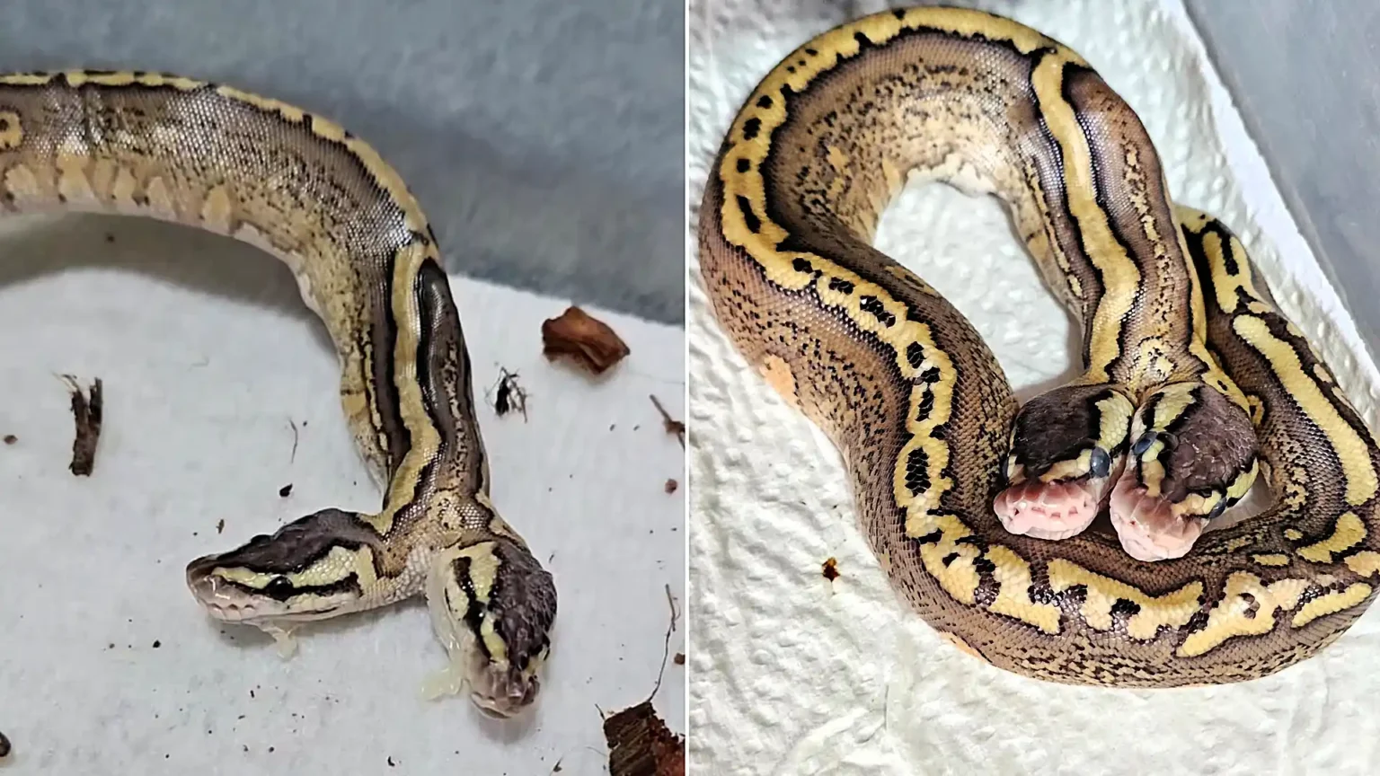 A two-headed snake has stunned breeders after hatching with two brains that both seem to control its shared body - and it is already defying the odds.