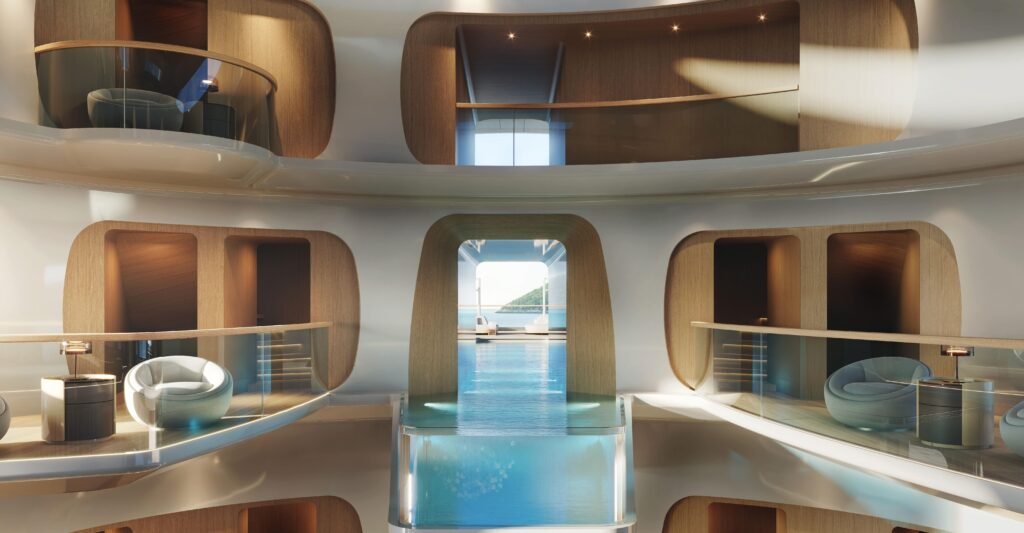 A jaw-dropping superyacht that looks like something from a sci-fi space movie could be the future of luxury at sea - with a suspended glass pool and underwater lounge.
