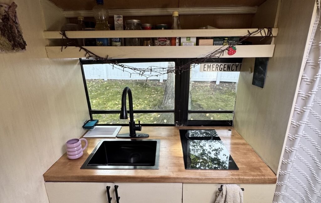 A woman has spent three years transforming an old school bus into an incredible tiny home - despite never having picked up a power tool before starting the project.