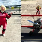 A daredevil gran has taken to the skies strapped to the top of a plane aged 80 - as her screaming grandchildren dubbed her 'Mad Nanna' and she raised £820 for charity.