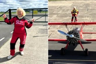 A daredevil gran has taken to the skies strapped to the top of a plane aged 80 - as her screaming grandchildren dubbed her 'Mad Nanna' and she raised £820 for charity.