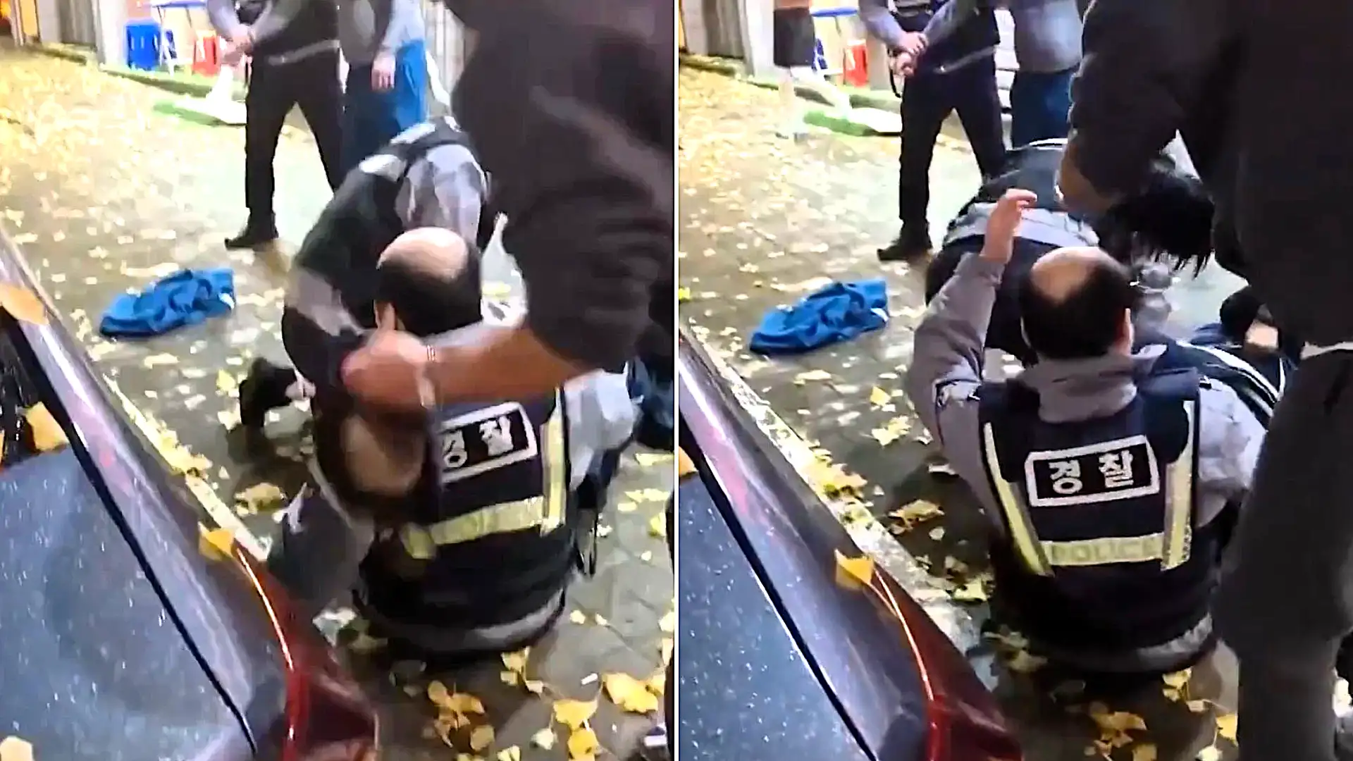A cop's wig flew clean off while he wrestled a drunk suspect in South Korea - before a kind passerby calmly popped it back on his bald head without saying a word.