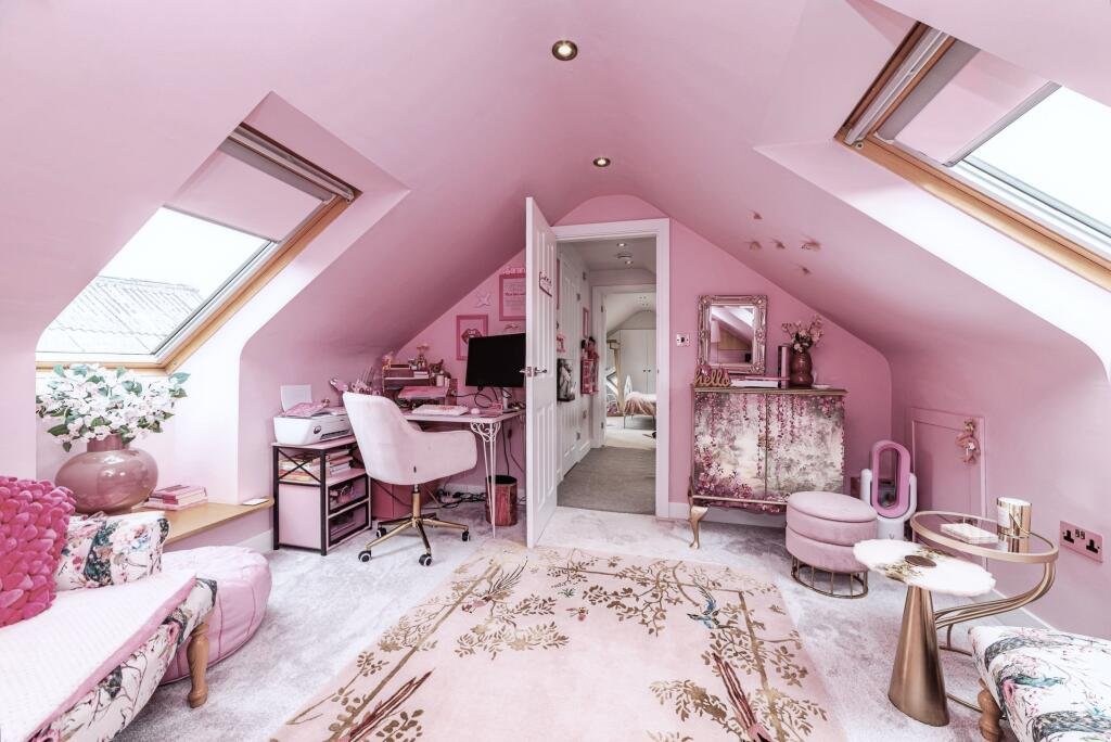 A woman has spent £25,000 turning her home into a Barbie-style pink palace - with even her power drill matching - and now the rosy five-bed is on the market for £725,000.