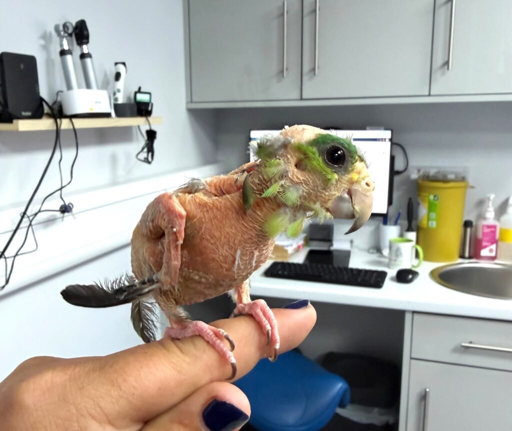 Meet Steve, the featherless parrot who quivers with happiness when people stop for a chat - and staff believe stress from a tiny cage made his feathers fall out.