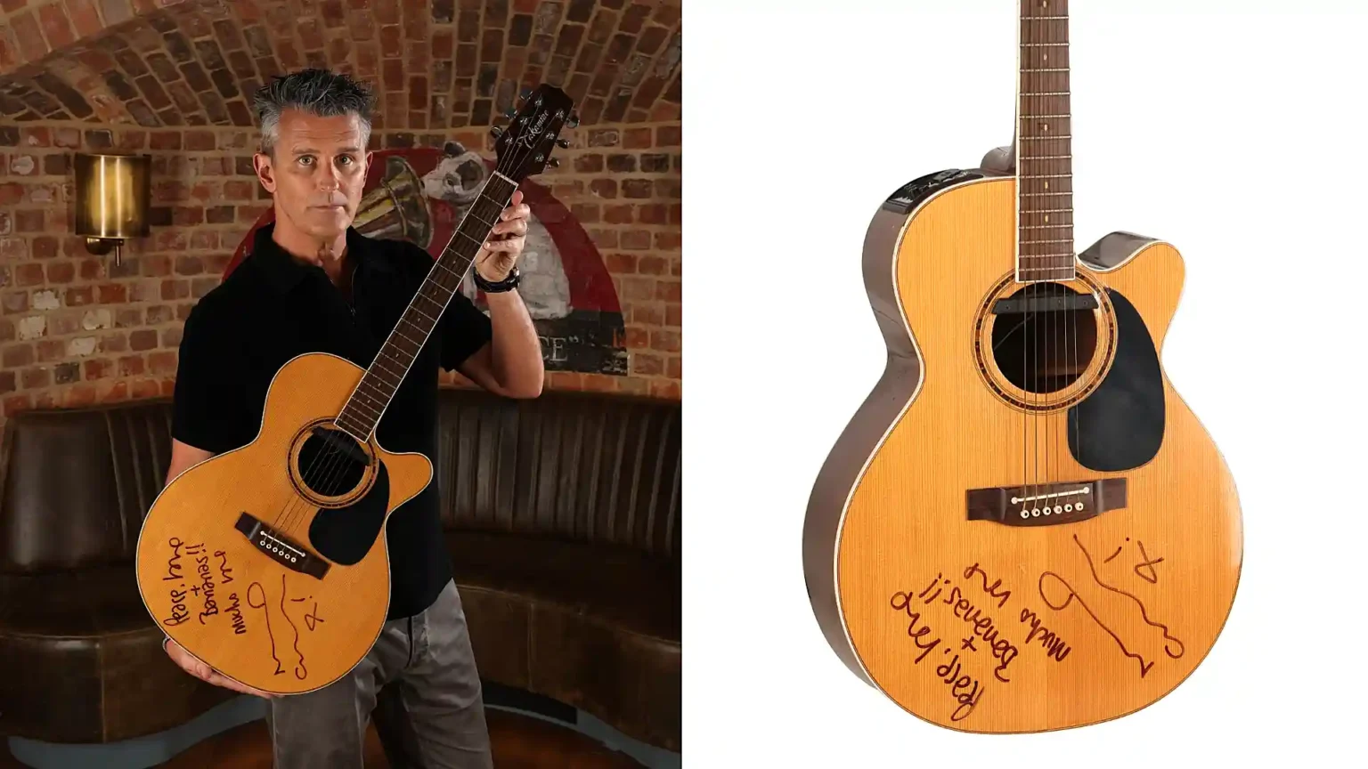 Noel Gallagher's guitar from Oasis's iconic 1996 MTV Unplugged performance has sold for a world record £226,800 at auction - and it was signed 'peace, love and bananas'.