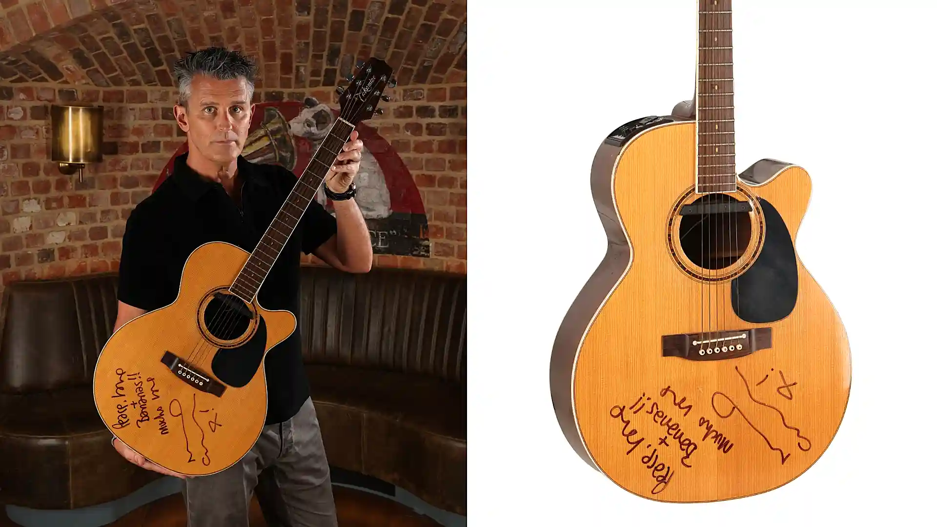 Noel Gallagher's guitar from Oasis's iconic 1996 MTV Unplugged performance has sold for a world record £226,800 at auction - and it was signed 'peace, love and bananas'.