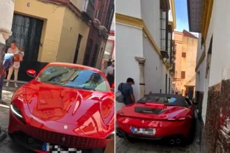 A Ferrari driver got his luxury supercar stuck in Seville's narrow old town streets, forcing locals to gather and watch the bungling rescue attempt unfold.