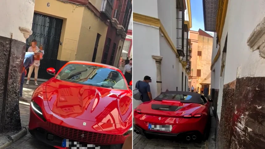 A Ferrari driver got his luxury supercar stuck in Seville's narrow old town streets, forcing locals to gather and watch the bungling rescue attempt unfold.