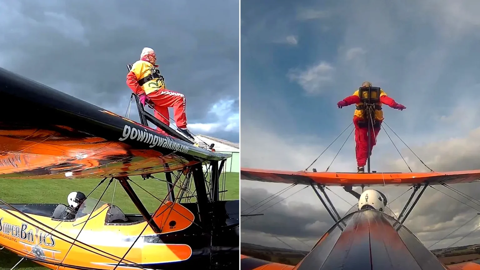 99-year-old Helga Duffy becomes world's oldest wing walker after strapping herself to plane. Inspired by another pensioner, she raised over £1,300 for charity.