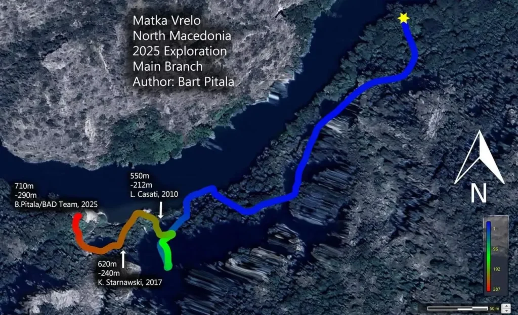 Satellite map showing Matka Vrelo cave expedition path in blue.