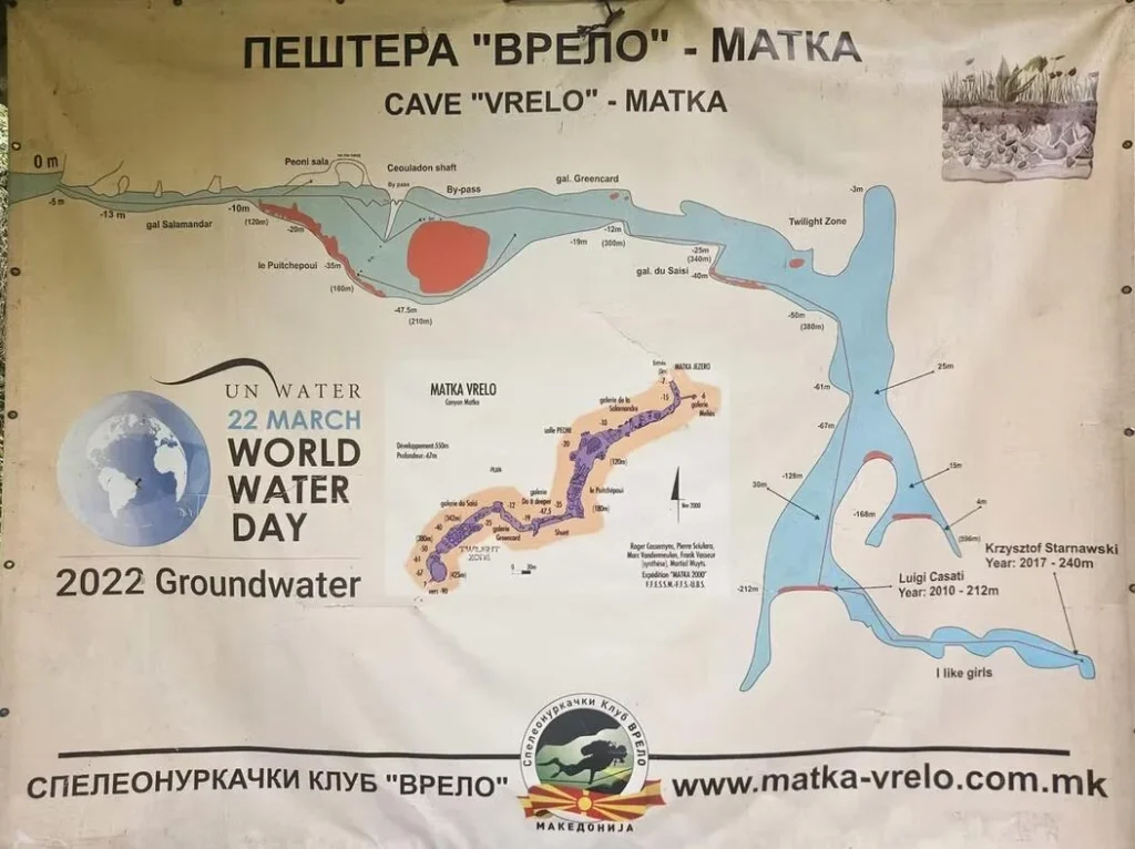 Cave map of Vrelo showing passages and World Water Day marking.