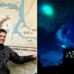 Left: diver in red and black gear descending through illuminated cave shaft. Right: diver above water holding dive computer display showing dive data.