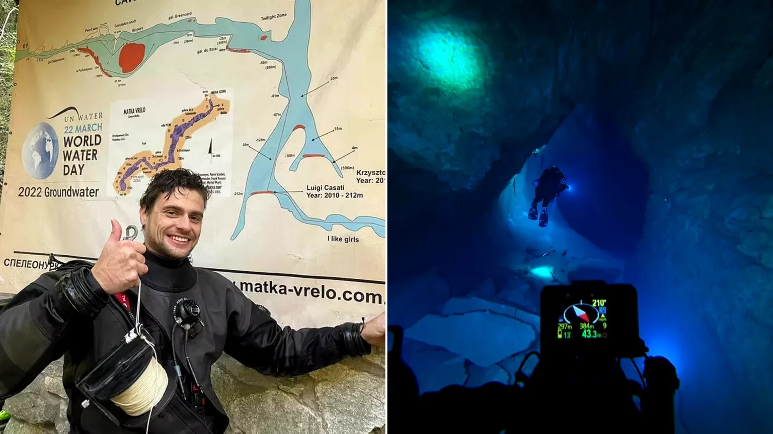 Left: diver in red and black gear descending through illuminated cave shaft. Right: diver above water holding dive computer display showing dive data.