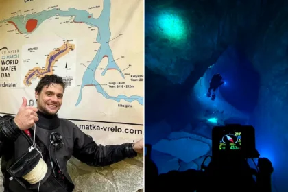 Left: diver in red and black gear descending through illuminated cave shaft. Right: diver above water holding dive computer display showing dive data.