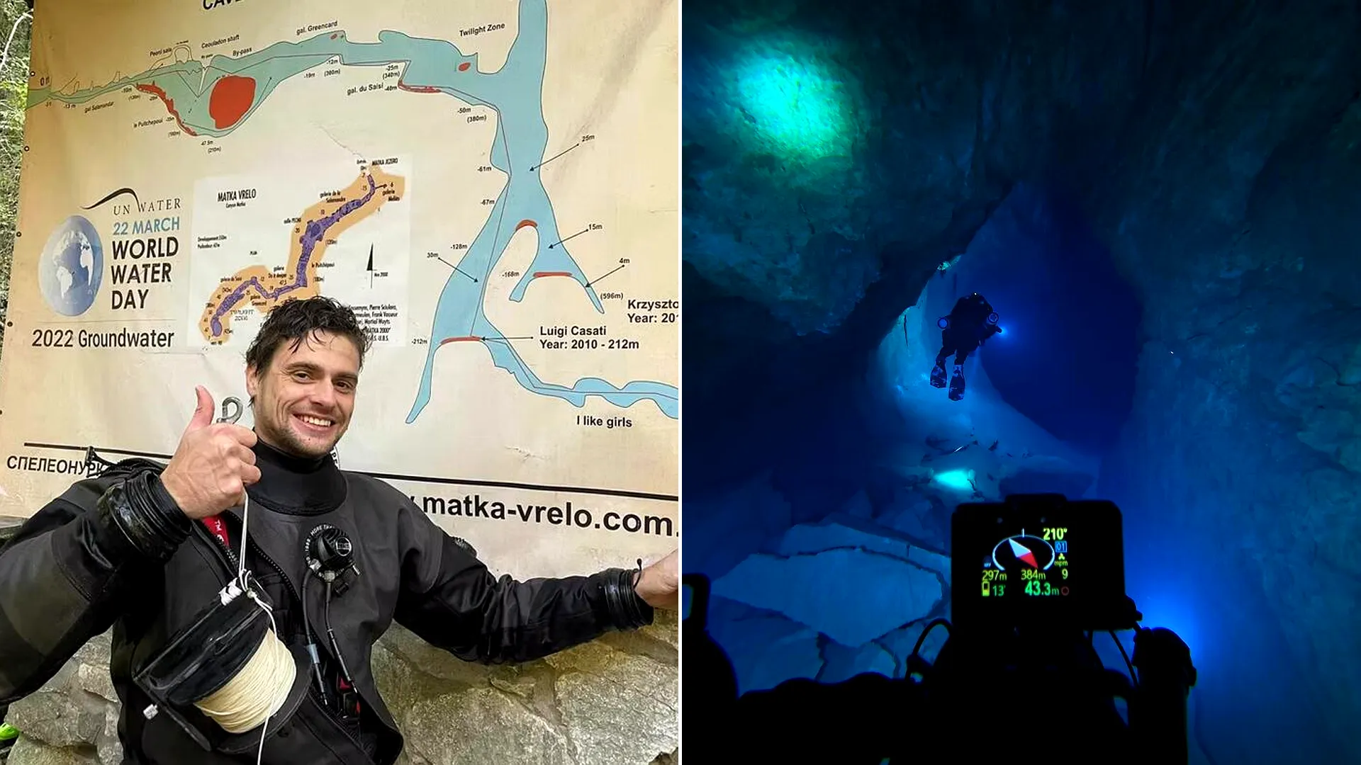 Left: diver in red and black gear descending through illuminated cave shaft. Right: diver above water holding dive computer display showing dive data.